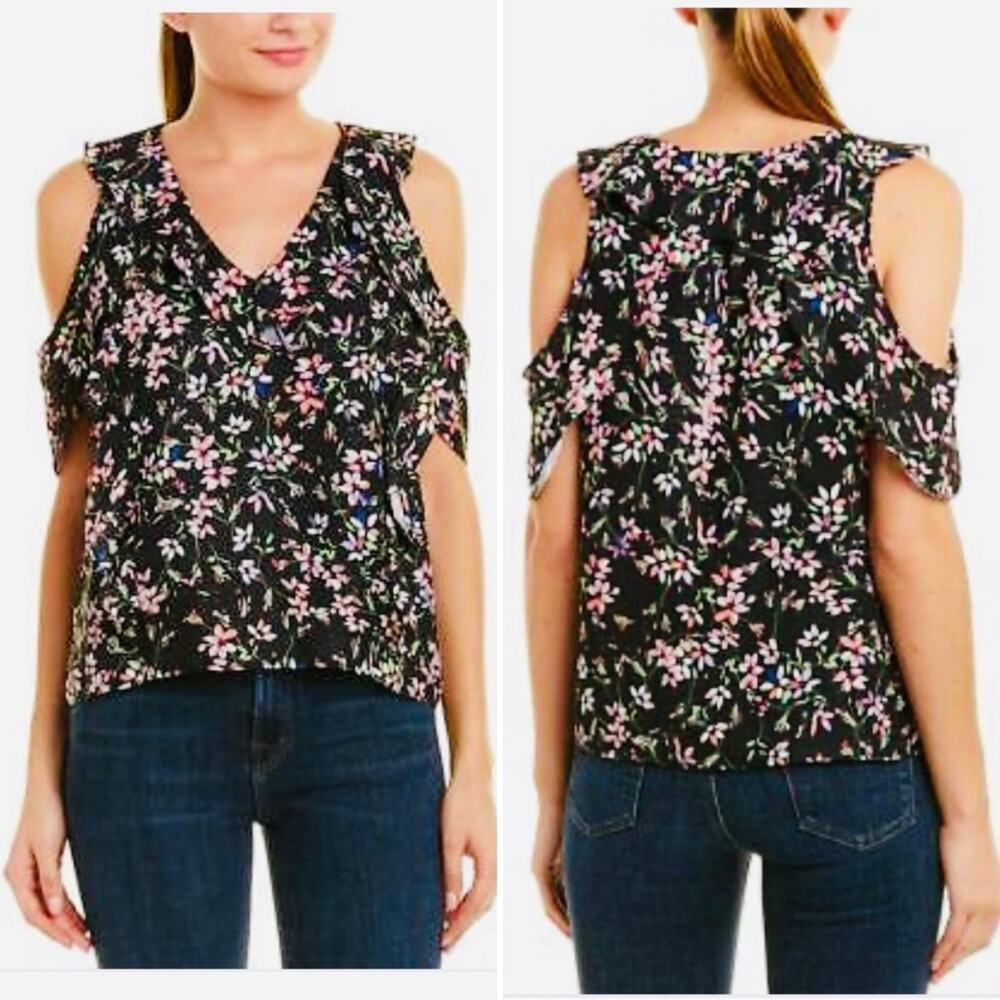 Parker Cold Shoulder Black Floral Ruffle Top